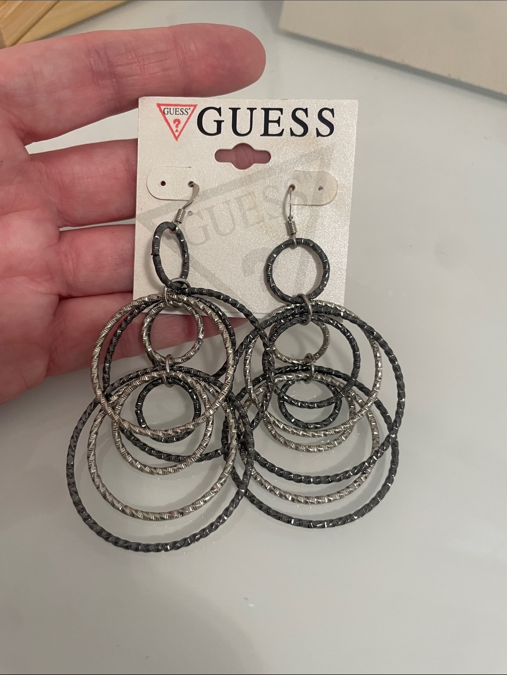 GUESS Vintage Multi-Hoop Textured Drop Earrings - Silver & Gunmetal